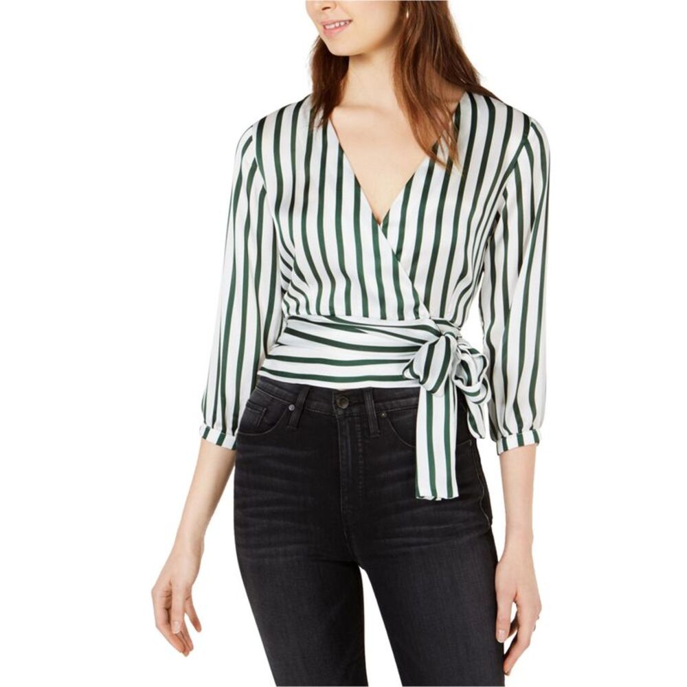 Project 28 Womens Striped Wrap Blouse, Green, L, DM